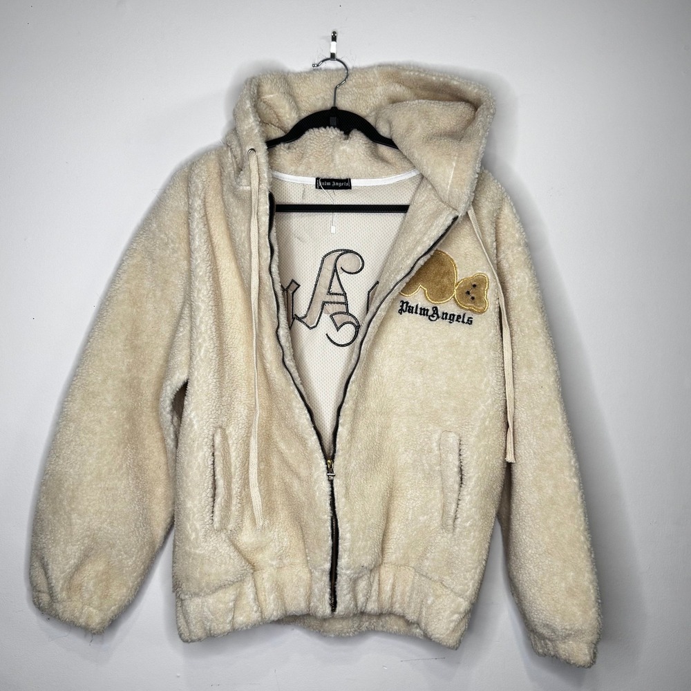 Palm Angels Kill The Bear Cream Sherpa Fleece Zip Up Hoodie Logo Teddy Jacket
